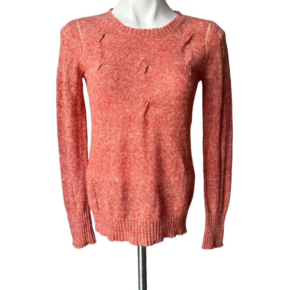 Prana Heathered Coral Orange Cable Knit Pullover Long Sleeve Sweater, Sz L - Picture 1 of 12